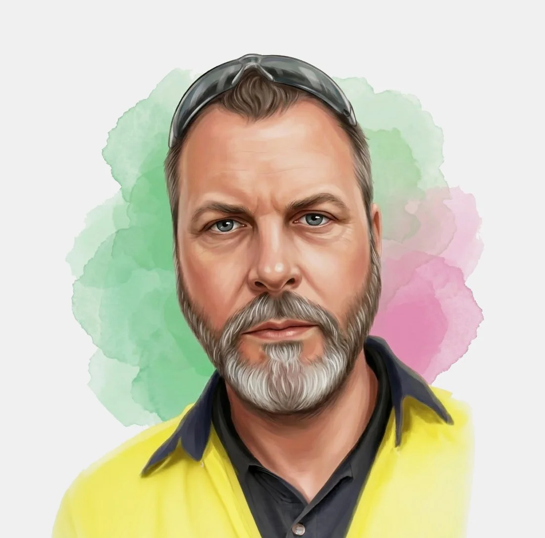 Digital illustration of a middle-aged man with grey hair and beard, wearing safety glasses on his forehead and a yellow jacket, with a watercolour background in pastel colours.