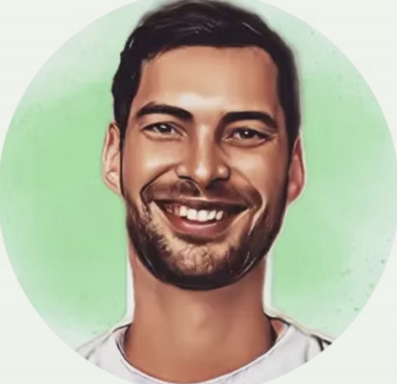 Digital illustration of a smiling man with dark hair and a beard, wearing a white shirt, standing against a green background.
