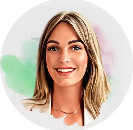 Digital illustration of a young woman with blonde hair smiling against a colorful pastel background.