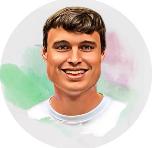 Digital illustration of a young man with short brown hair smiling, wearing a white shirt, with pastel paint splashes in the background.