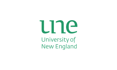 University of New England logo with stylized text and organic design elements.