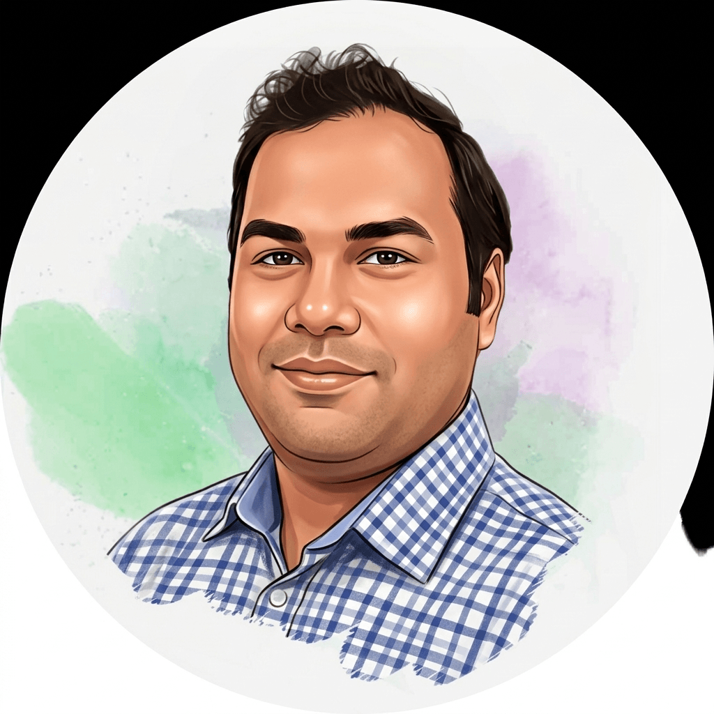 Digital illustration of a man with short dark hair, wearing a blue checkered shirt, smiling with a pastel-coloured watercolour background.