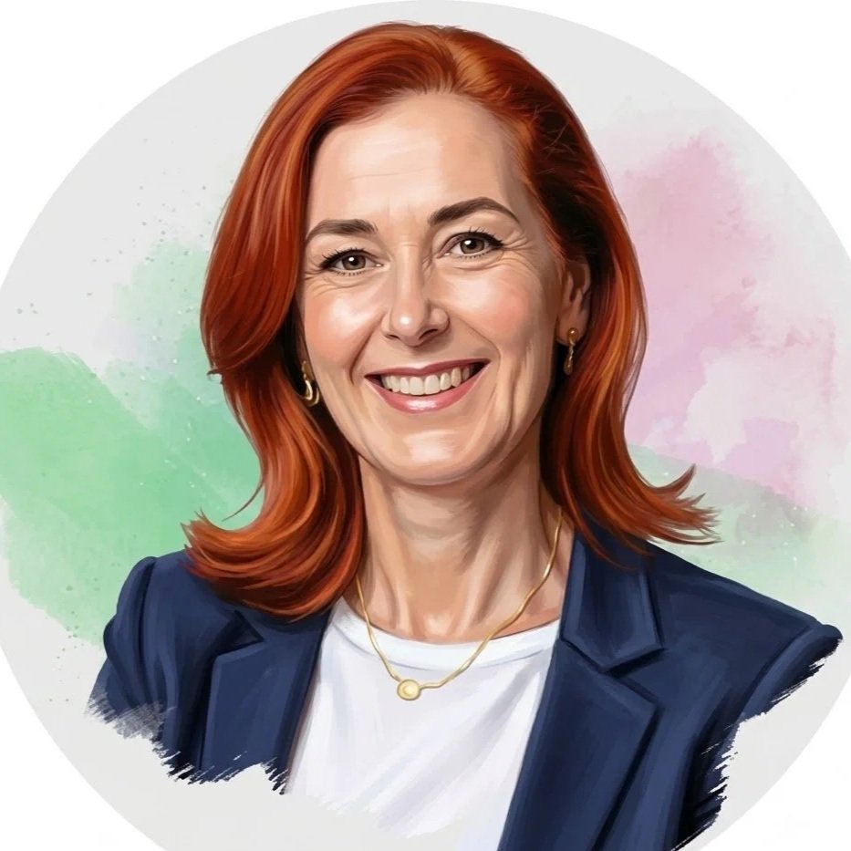 Digital illustration of a woman with shoulder-length red hair, smiling, wearing a dark blazer and white top, with a colorful watercolor background.