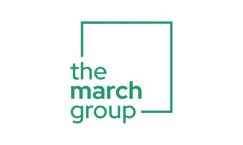 Logo for The March Group with green text and a green square outline on a black background.