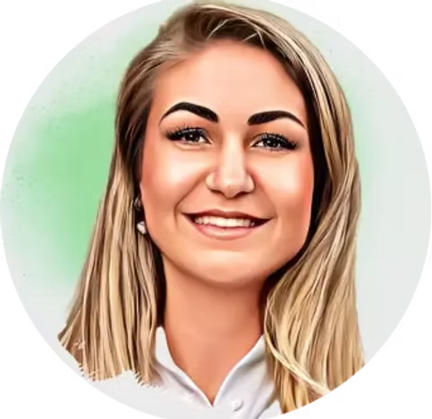 Digital illustration of a young woman with blonde hair smiling against a green and white background.