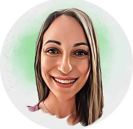 Digital illustration of a woman with long brown hair smiling, with a light makeup look, against a light green and white background.