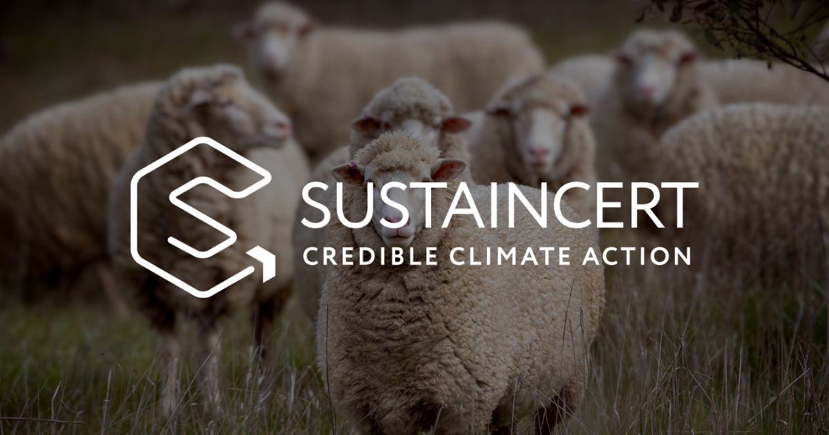A group of sheep standing on grass with a logo and the text 'SUSTAINCERT Credible Climate Action' overlayed.