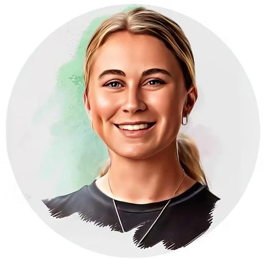 Digital illustration of a of a smiling young woman with blonde hair, wearing a black top and a necklace, against a watercolor green background.