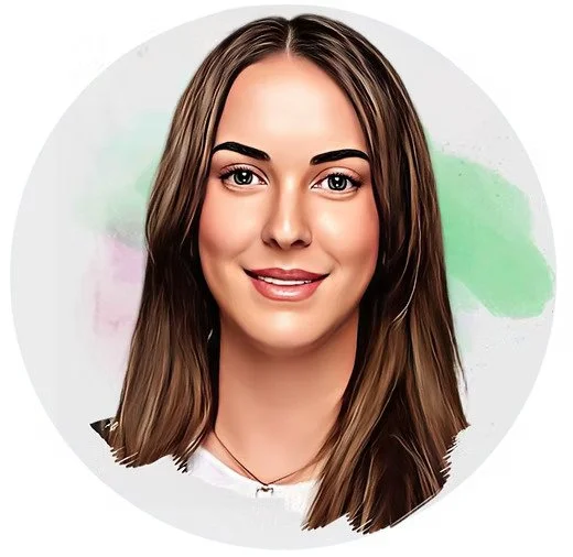 Digital illustration of a young woman with long brown hair, smiling, against a light background with soft green and purple watercolour accents.