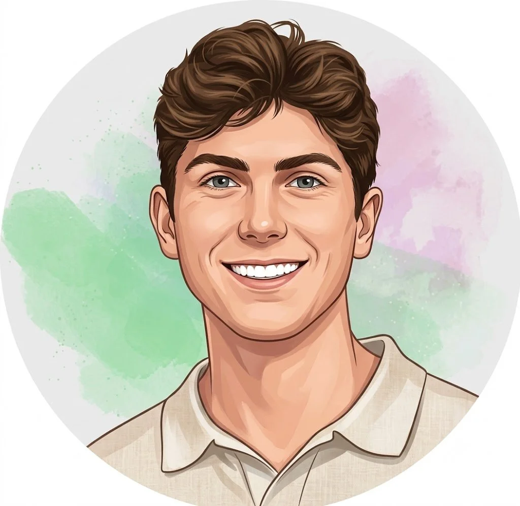 A digital illustration of a young man with brown hair and blue eyes, smiling, wearing a light-colored collared shirt, with a soft pastel watercolour background.