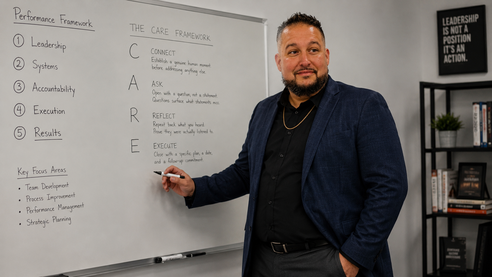 Man in blazer and dark shirt with gold chain standing in front of whiteboard, pointing with marker, in office setting with bookshelf and motivational poster in background.