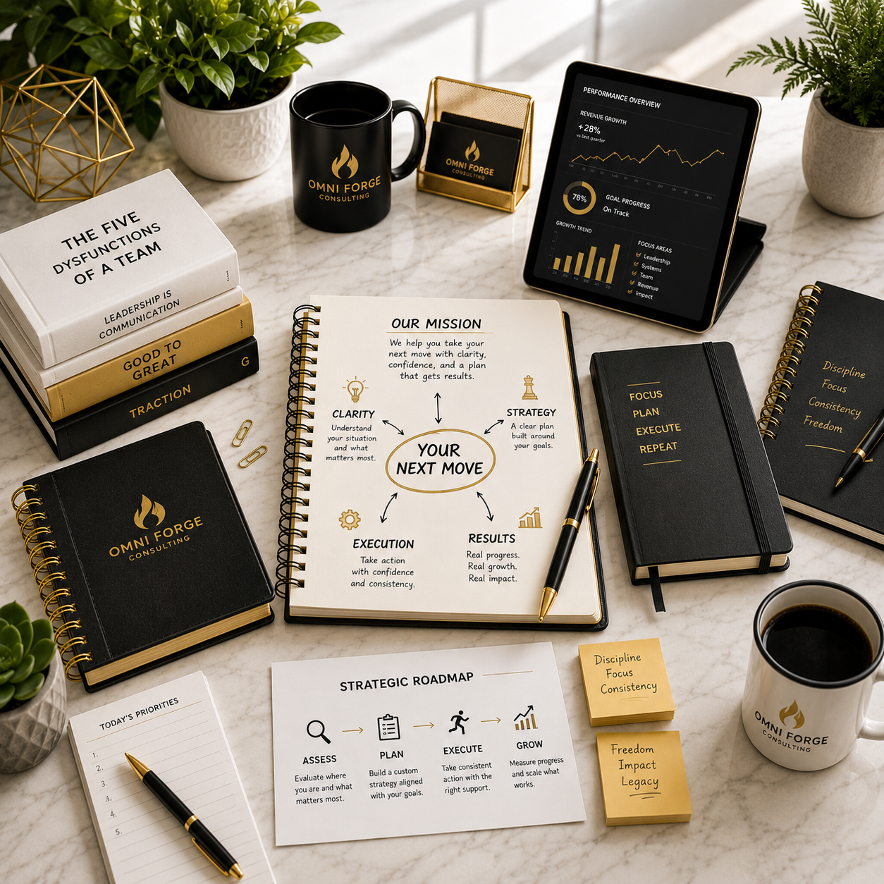 A workspace with notebooks, a tablet displaying a performance overview, a black mug, a business card holder, and notebooks with business-themed notes and diagrams, accompanied by plants and a coffee mug.
