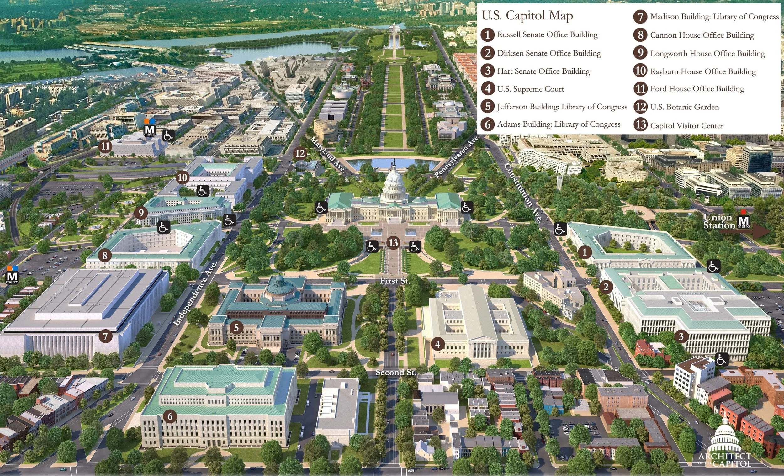 Aerial view of the U.S. Capitol complex, showing Capitol Hill and surrounding buildings including the Library of Congress, Supreme Court, and various office buildings, with streets, trees, and water bodies in the area.