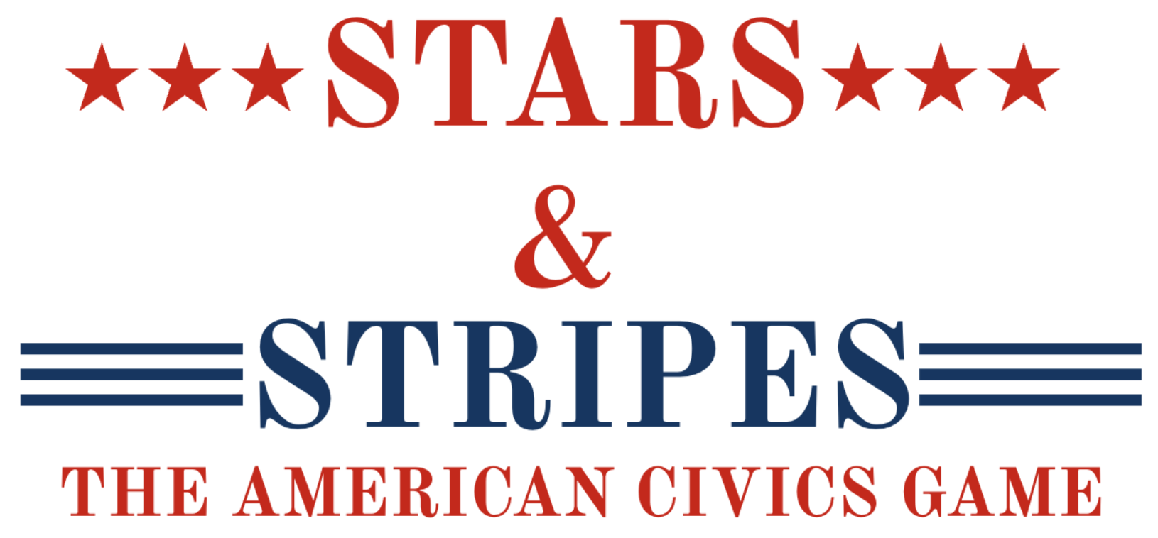 Red and blue text with stars, reading "Stars & Stripes The American Civics Game."