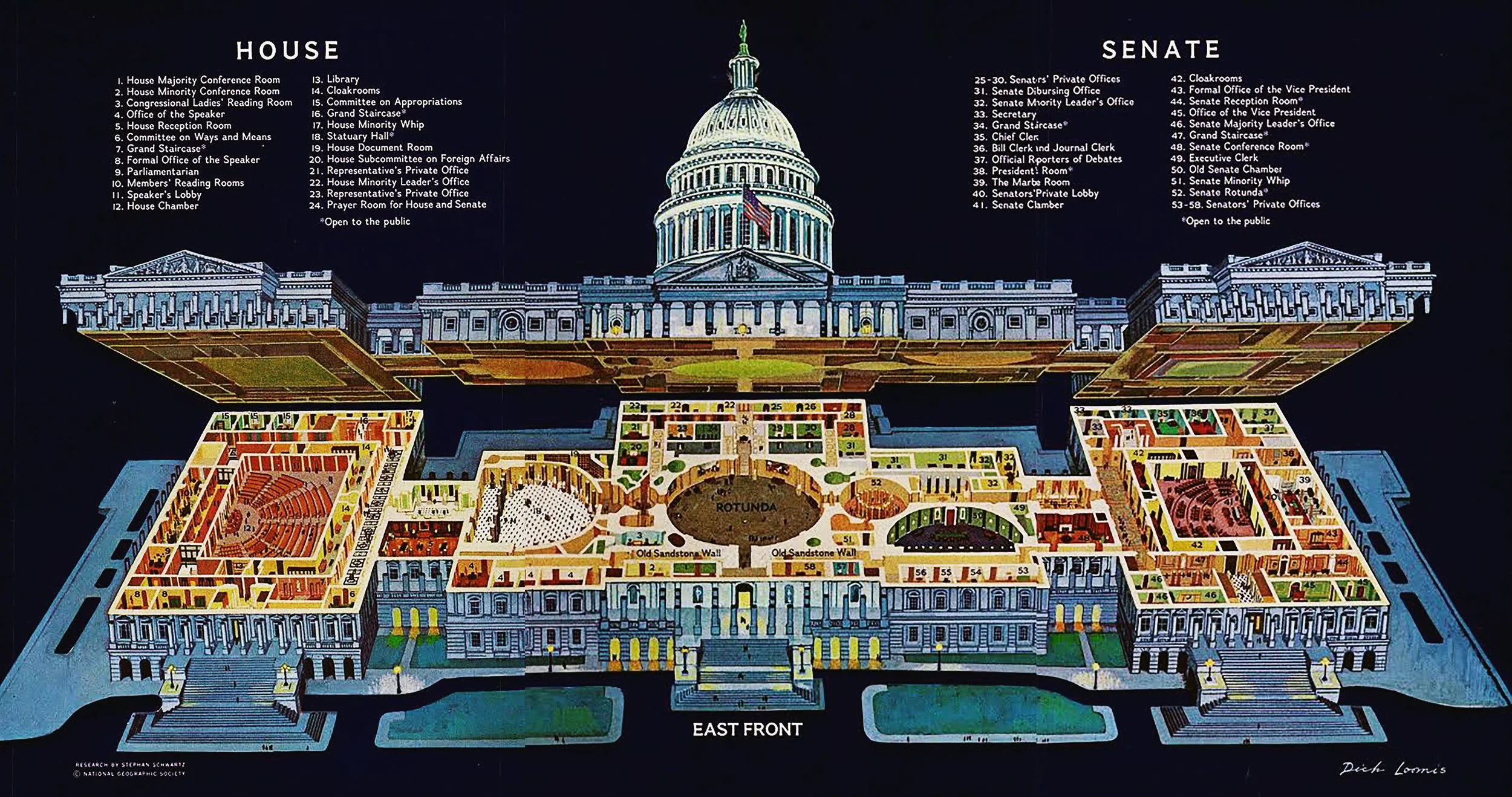 Colorful diagram of the United States Capitol with labels of rooms and sections on a black background, showing the east front view, including interior layouts and the Capitol dome at the top.