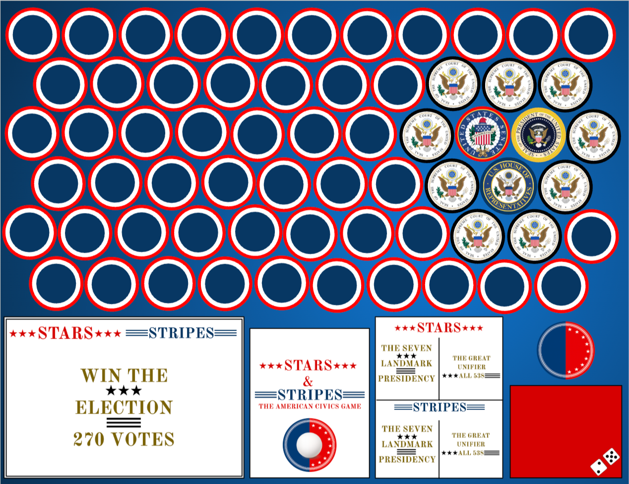 A political-themed board game resembling American election symbols with circular tokens, some featuring U.S. government seals, and game cards with phrases like 'Win the Election' and '270 Votes.'