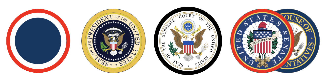 Collection of five political or governmental seals and medals. The first is a blank circular emblem with a red, white, and blue border; the second is a gold seal of the President of the United States; the third is a white seal of the Supreme Court of the United States; the fourth is a blue and red seal of the United States Senate; and the fifth is partly visible, showing the words 'House of Representatives' and a bald eagle.