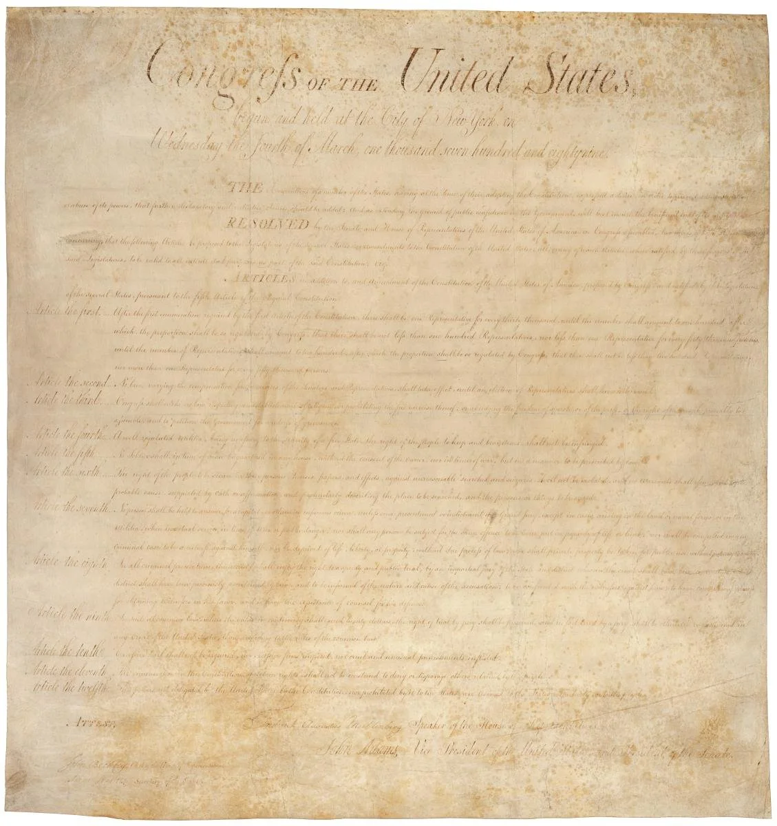 Historical document titled "Constitution of the United States" with faded and slightly stained text.