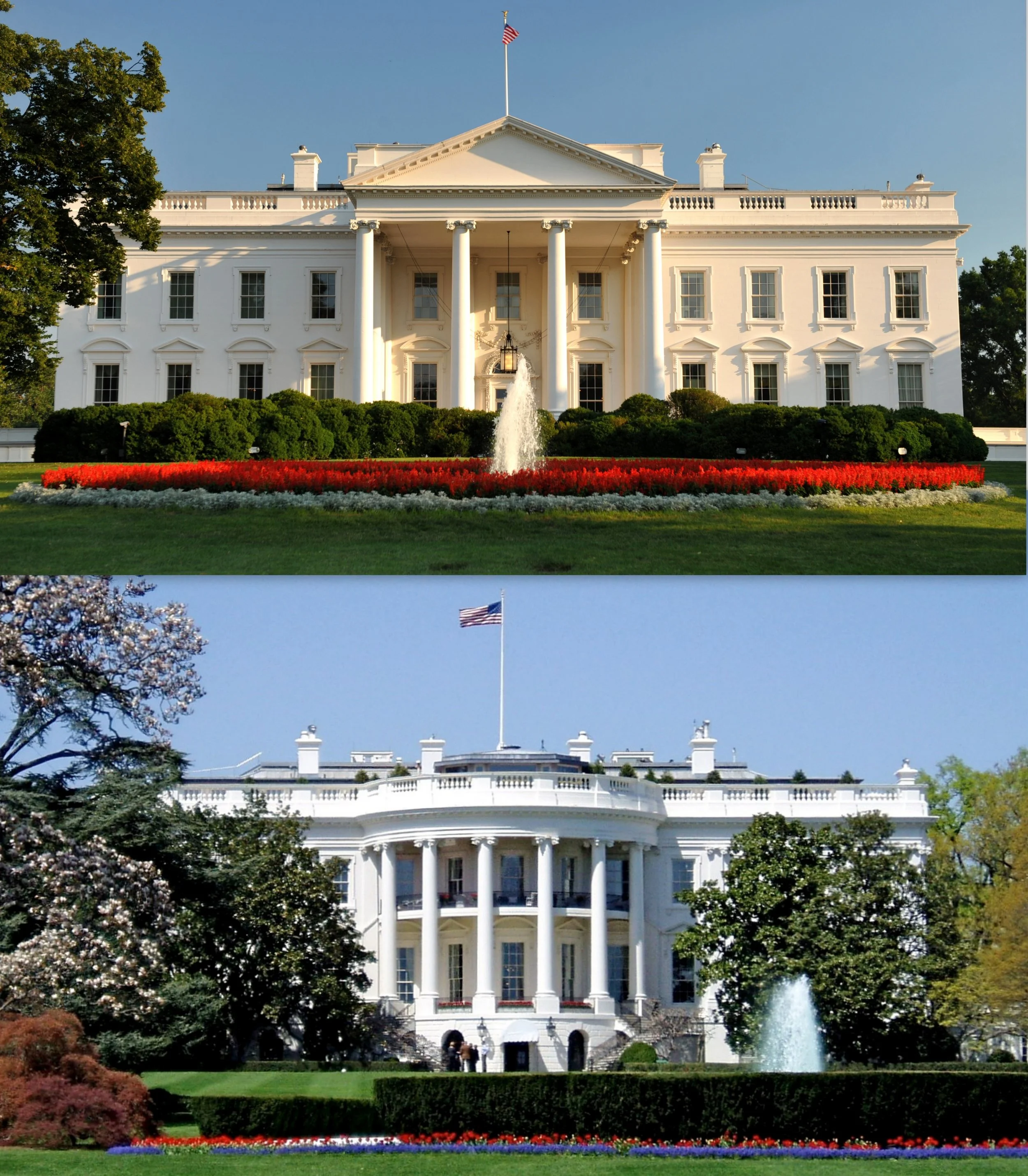 Two images of the White House, the official residence and workplace of the President of the United States, with well-maintained gardens and fountains in front.