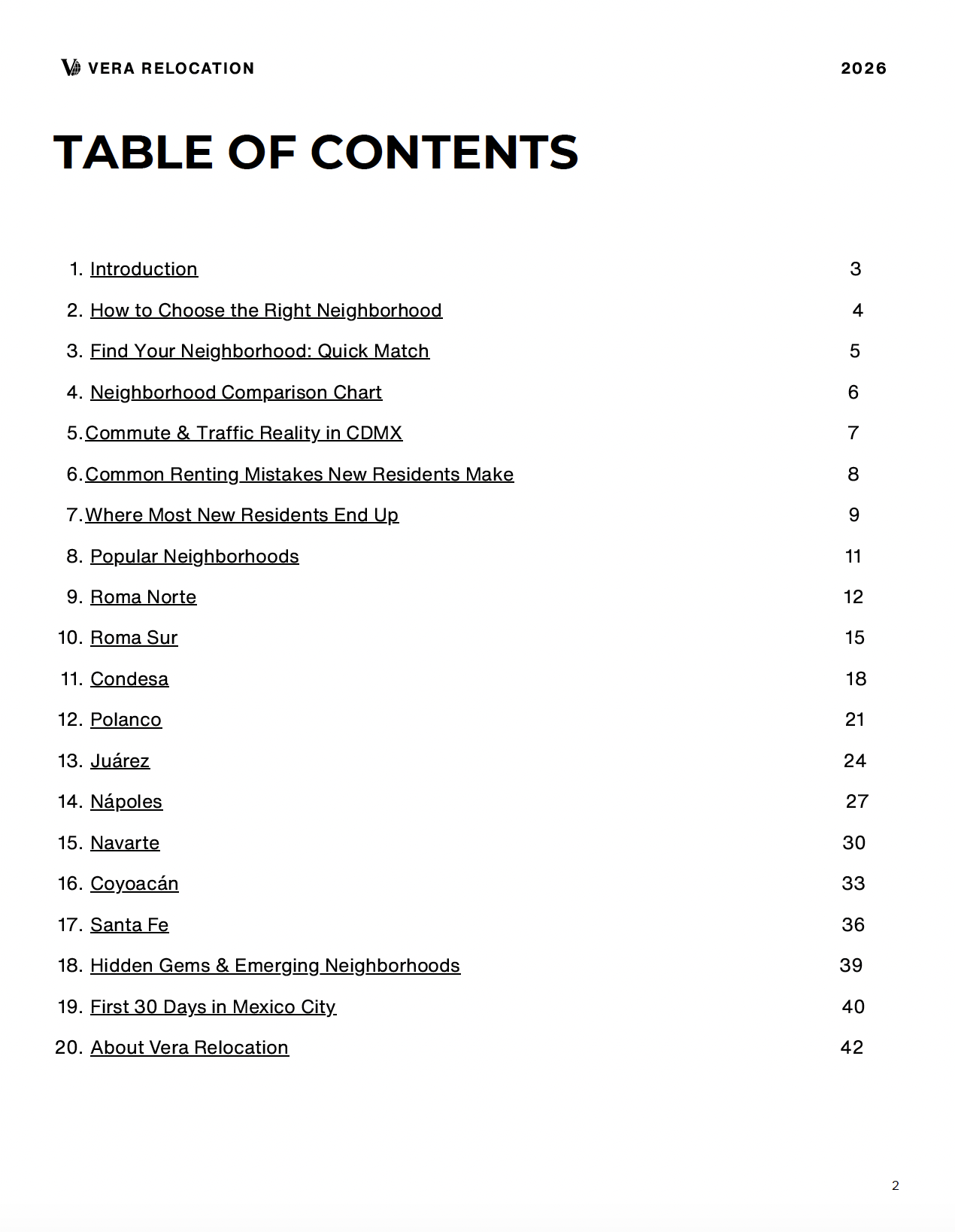 Table of contents page for a report titled 'Vera Relocation 2026', listing sections from Introduction to about Vera relocation with corresponding page numbers.