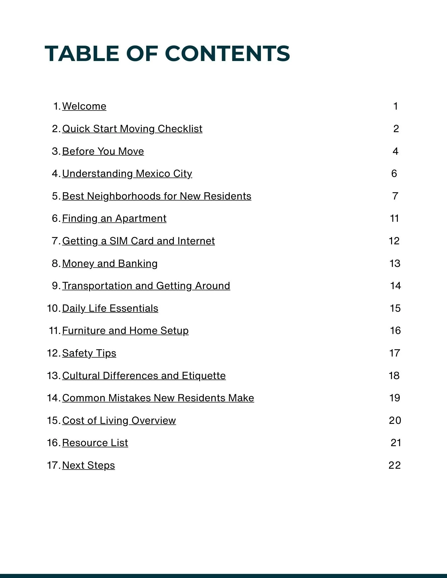 Table of contents from a guide or book, listing 17 chapters with page numbers.