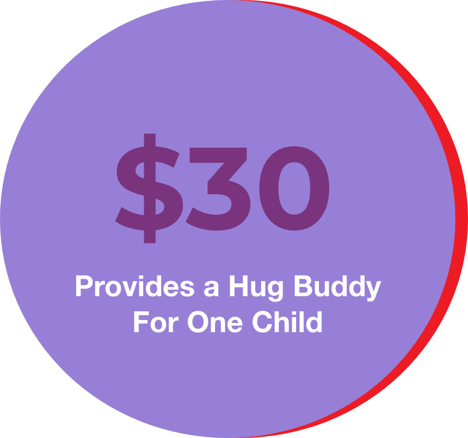 A purple circular graphic with a red outline, displaying $30 and the text "Provides a Hug Buddy For One Child".