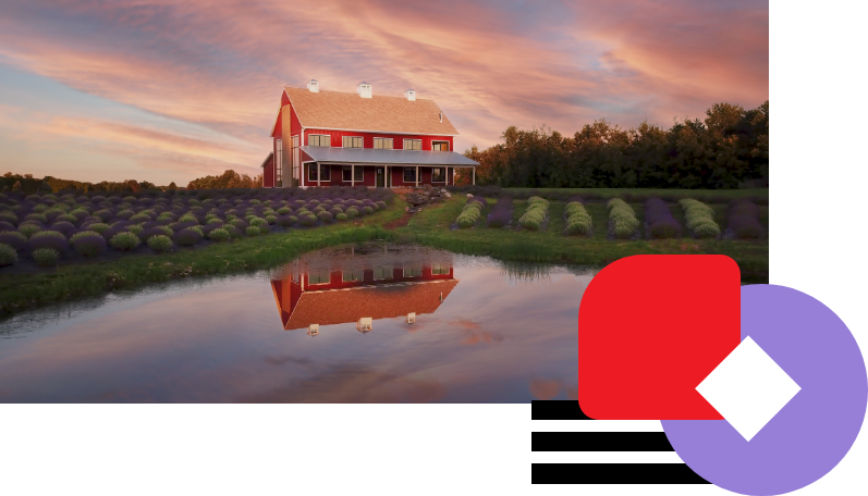A red barn with a porch, situated in a field with rows of purple and green plants, reflected in a pond at sunset with colorful sky and trees in the background.