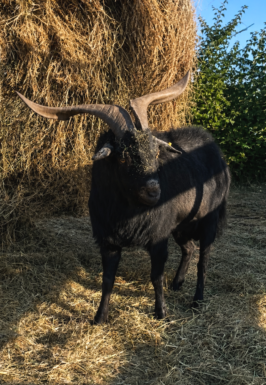 A black goat with large, curved horns standing in front of a haystack and some green bushes, with a blue sky in the background.