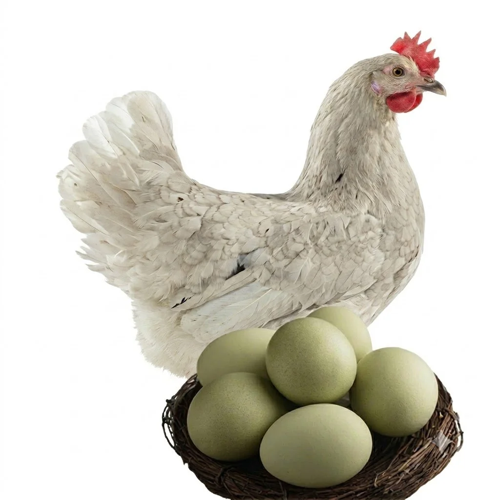A white hen standing behind a nest, containing several pale green eggs.