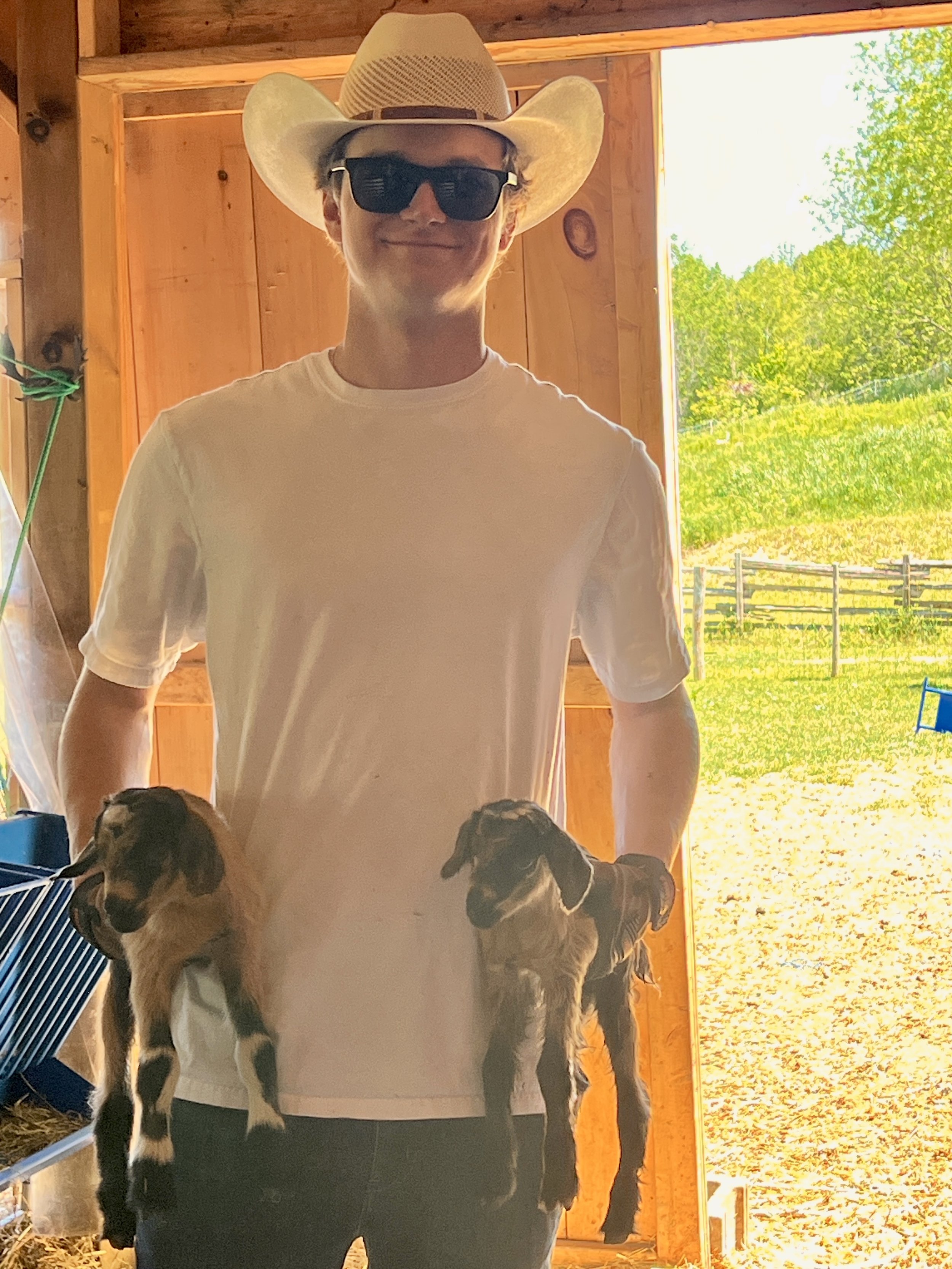 A person wearing a cowboy hat, sunglasses, a white T-shirt, and gloves, holding a black and brown puppy inside a wooden barn with sunlight streaming in through an open door. Outside, there are trees and a fenced grassy area.