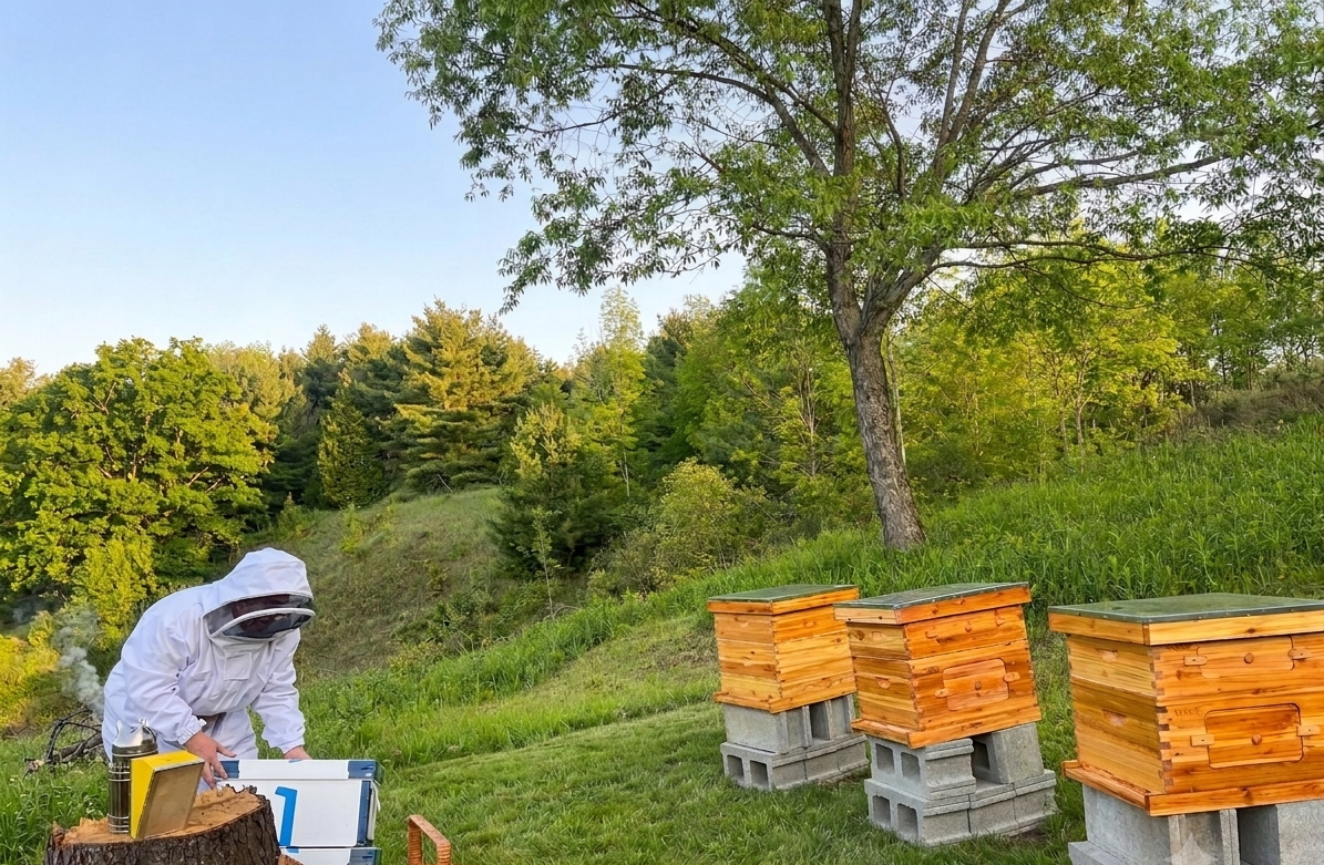 A person in protective bee suit working near wooden beehives in a green outdoor setting with trees and grass.