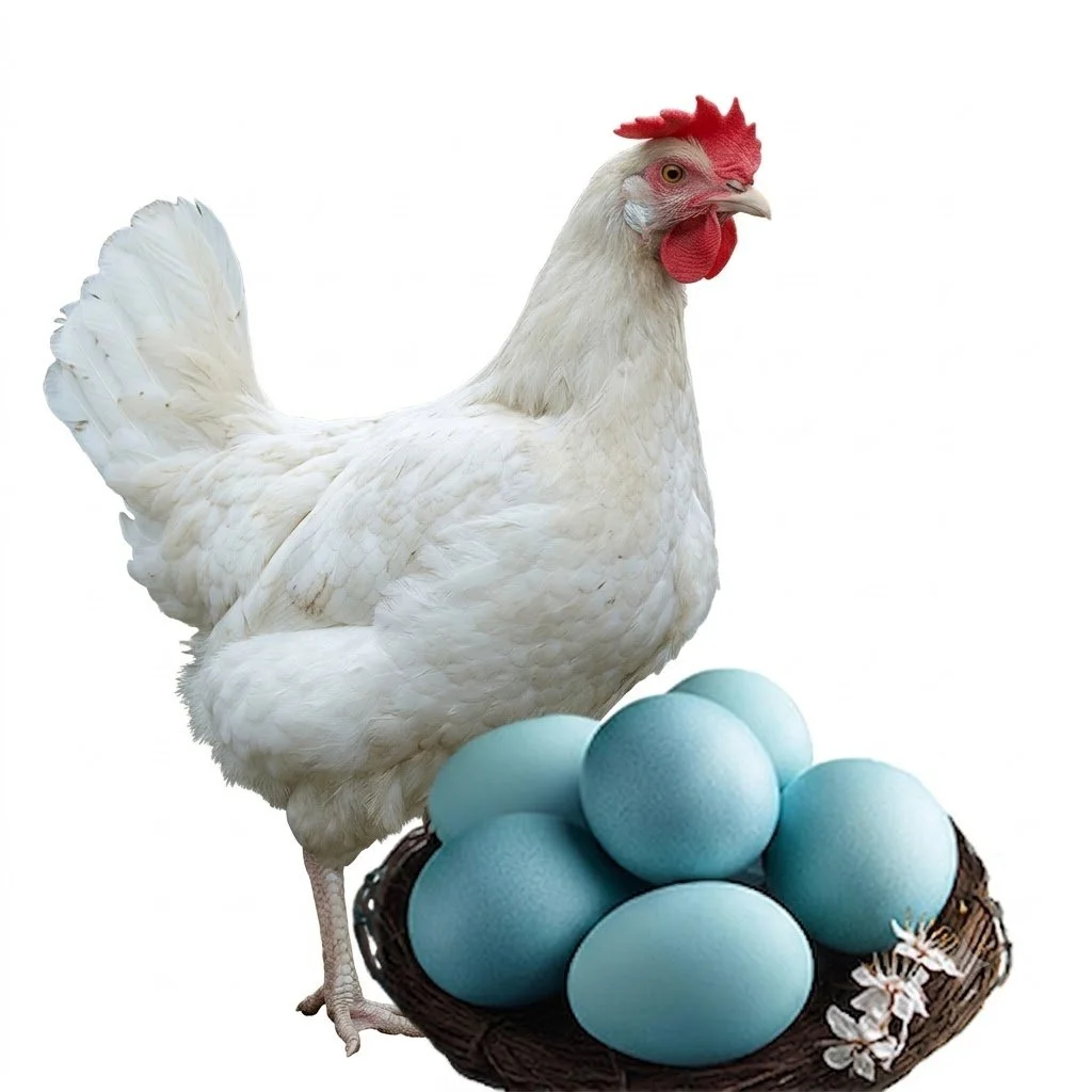 A white chicken standing next to a nest with six light blue eggs