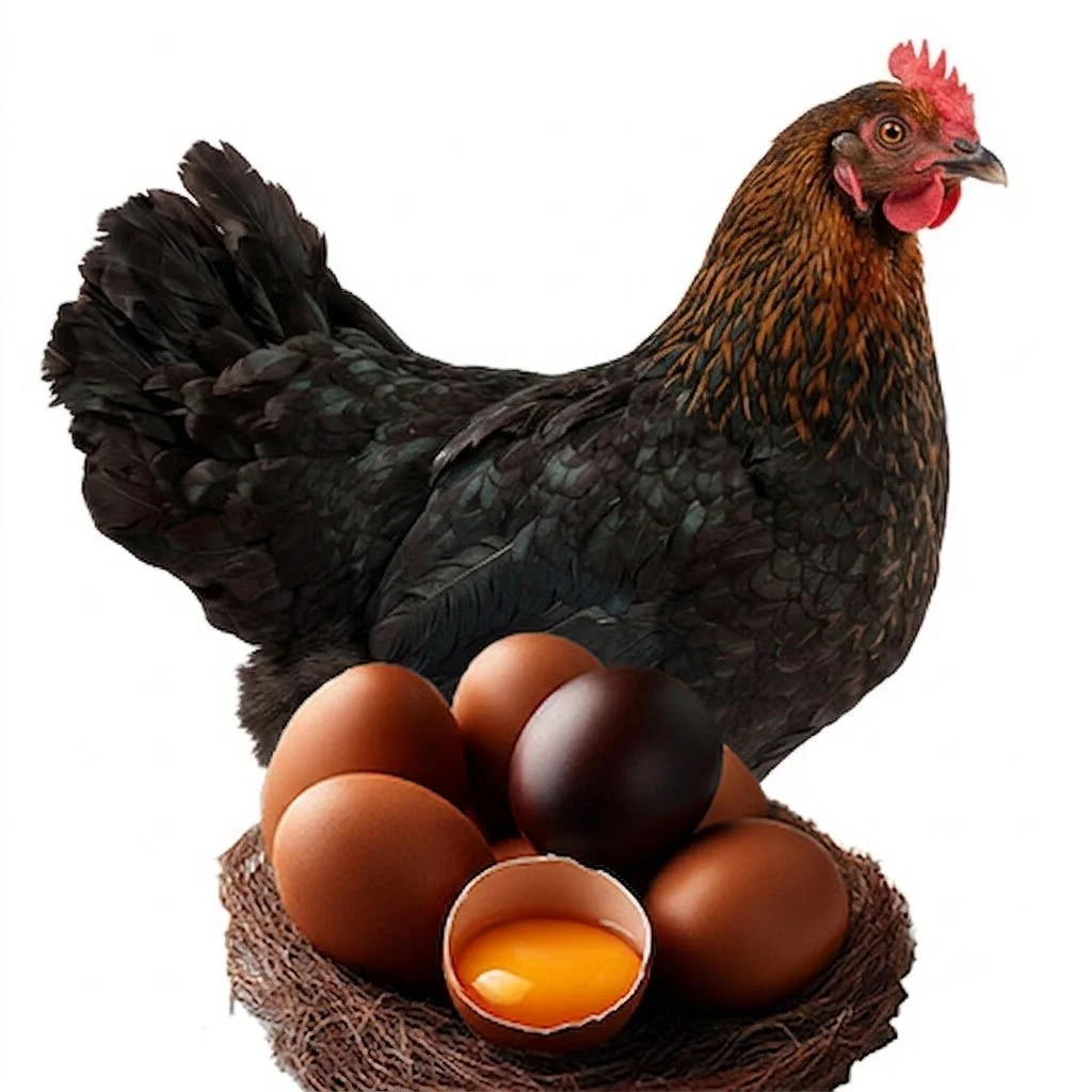 A black hen standing behind a nest with several dark brown eggs