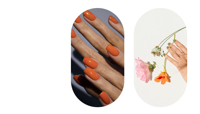 Close-up of a hand with orange manicured nails and a hand holding pink and orange flowers.
