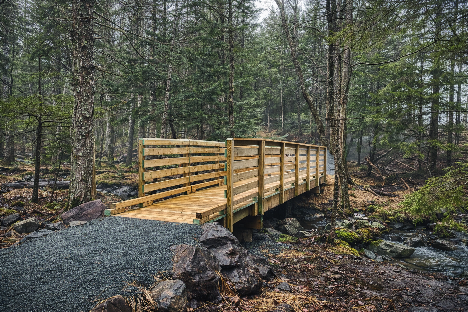 Wooden bridge over a stream in a dense, green forest