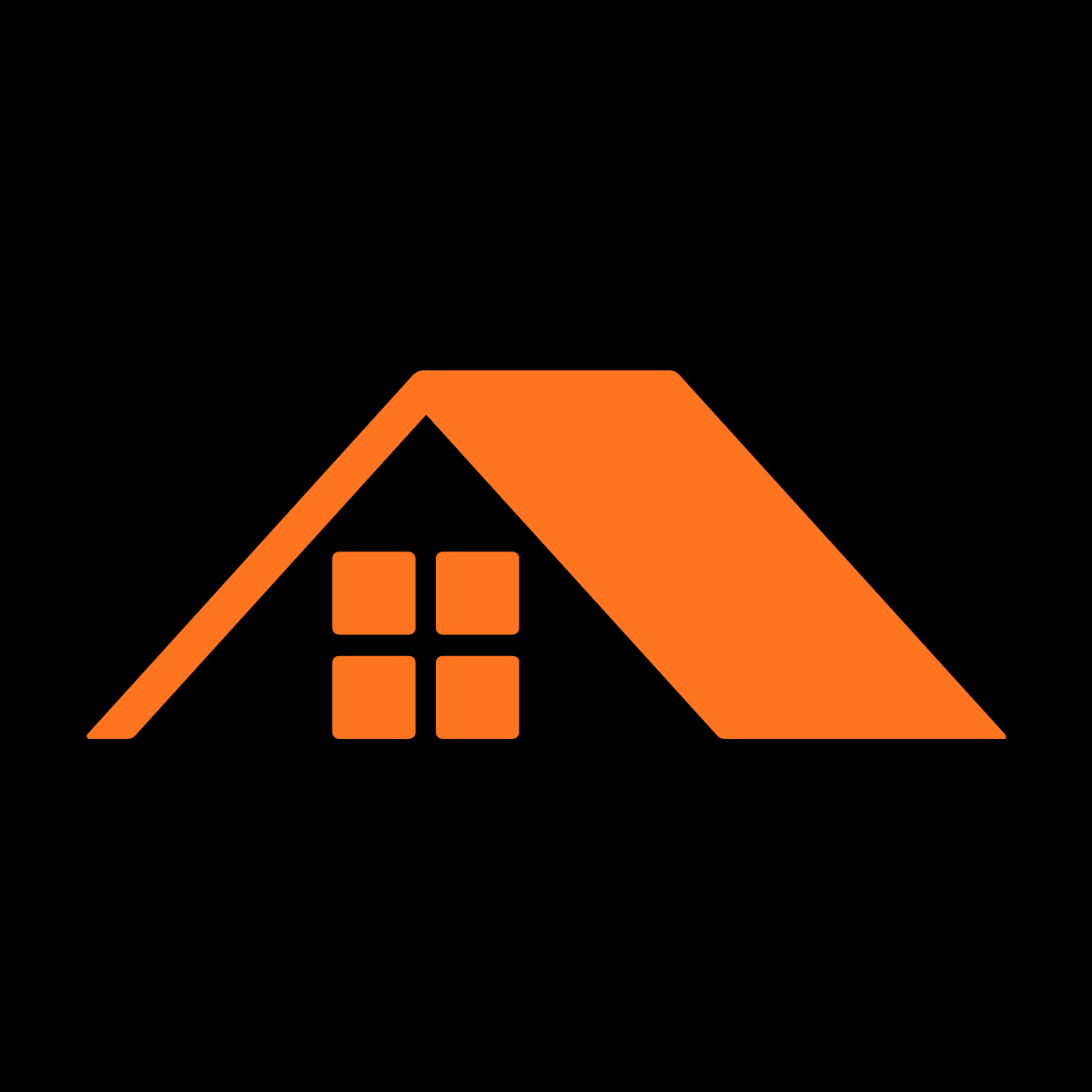 Icon of a house with an orange roof and windows on a black background.