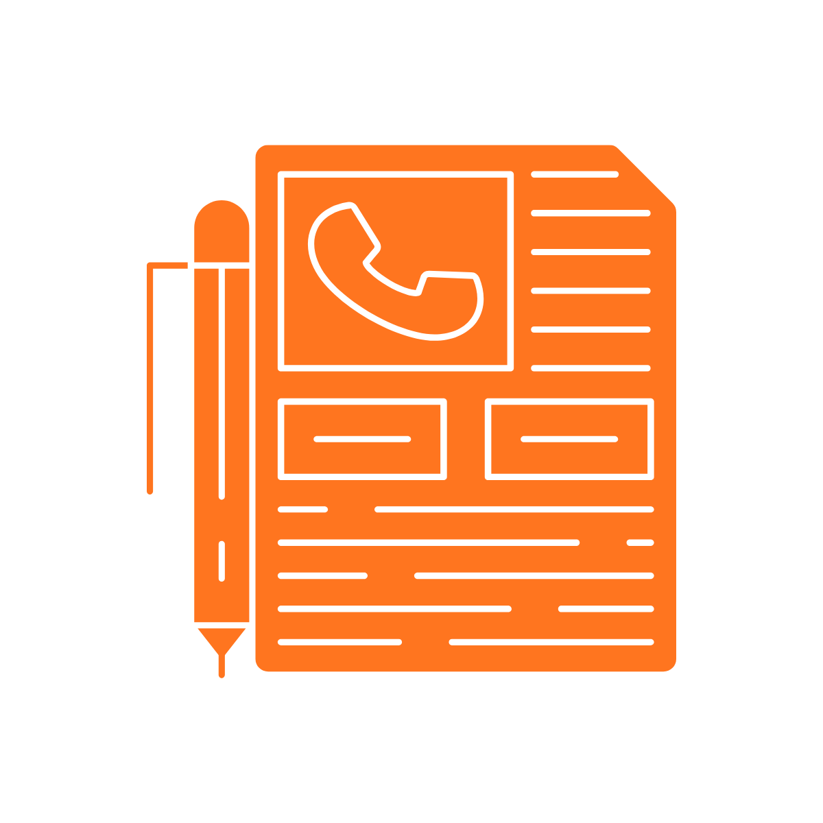 Illustration of a contact form with a pen, featuring icons of a telephone, a paper, and lines representing text.
