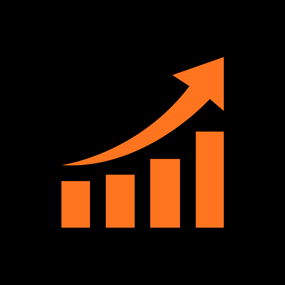 A bar graph with four orange bars increasing in height from left to right, and an upward-curving orange arrow above the bars.