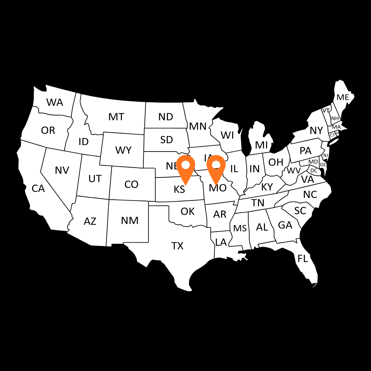 Map of the United States with two orange location markers on Kansas and Missouri.