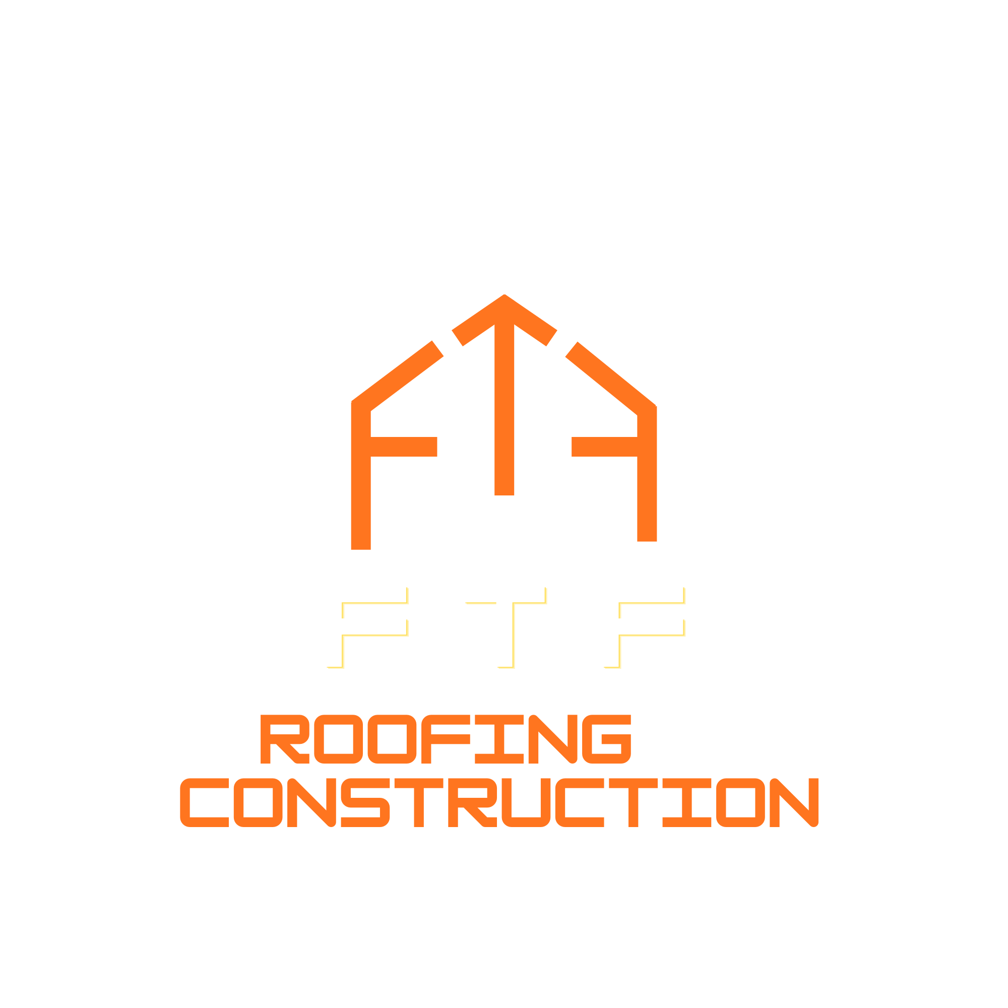 Logo for FT Roofing & Construction with a stylized house outline in white and orange, and text in white and orange on a black background.