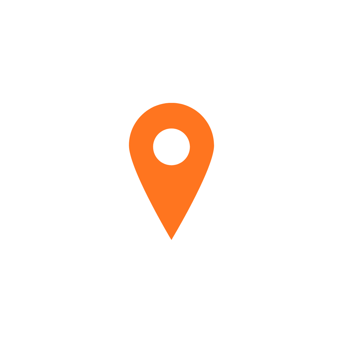 A black map pin icon with an orange circular center, indicating a location marker.