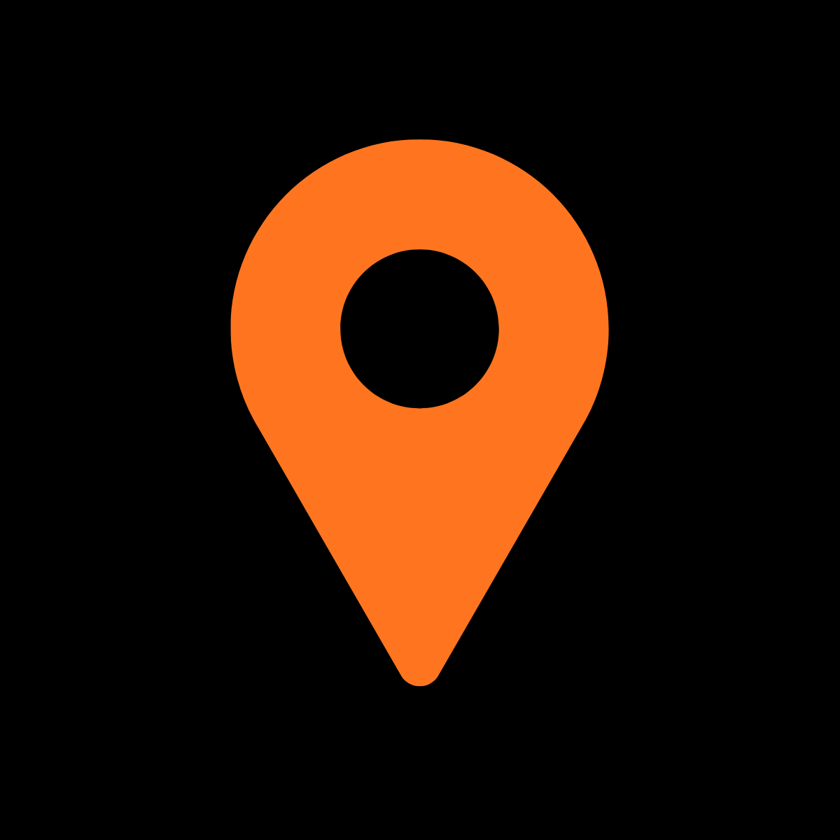Map location pin icon with an orange marker on a black background.