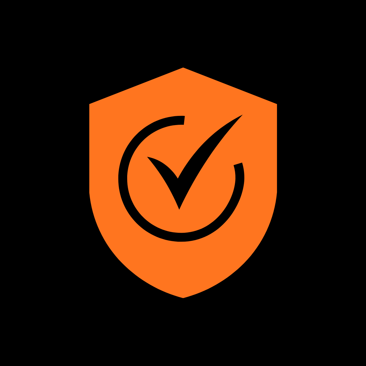 Orange shield with a black checkmark inside a circle, symbolizing security or safety.