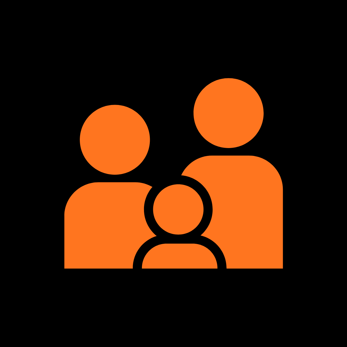 Icon of a family with two adults and one child, all in orange on a black background.