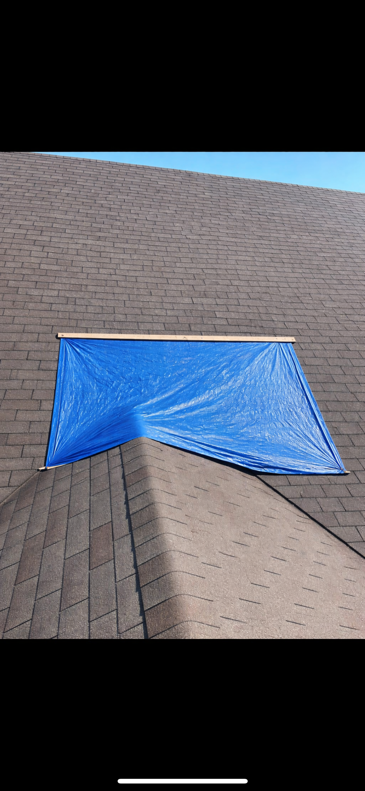 Blue tarp covering a vent on a sloped shingle roof.