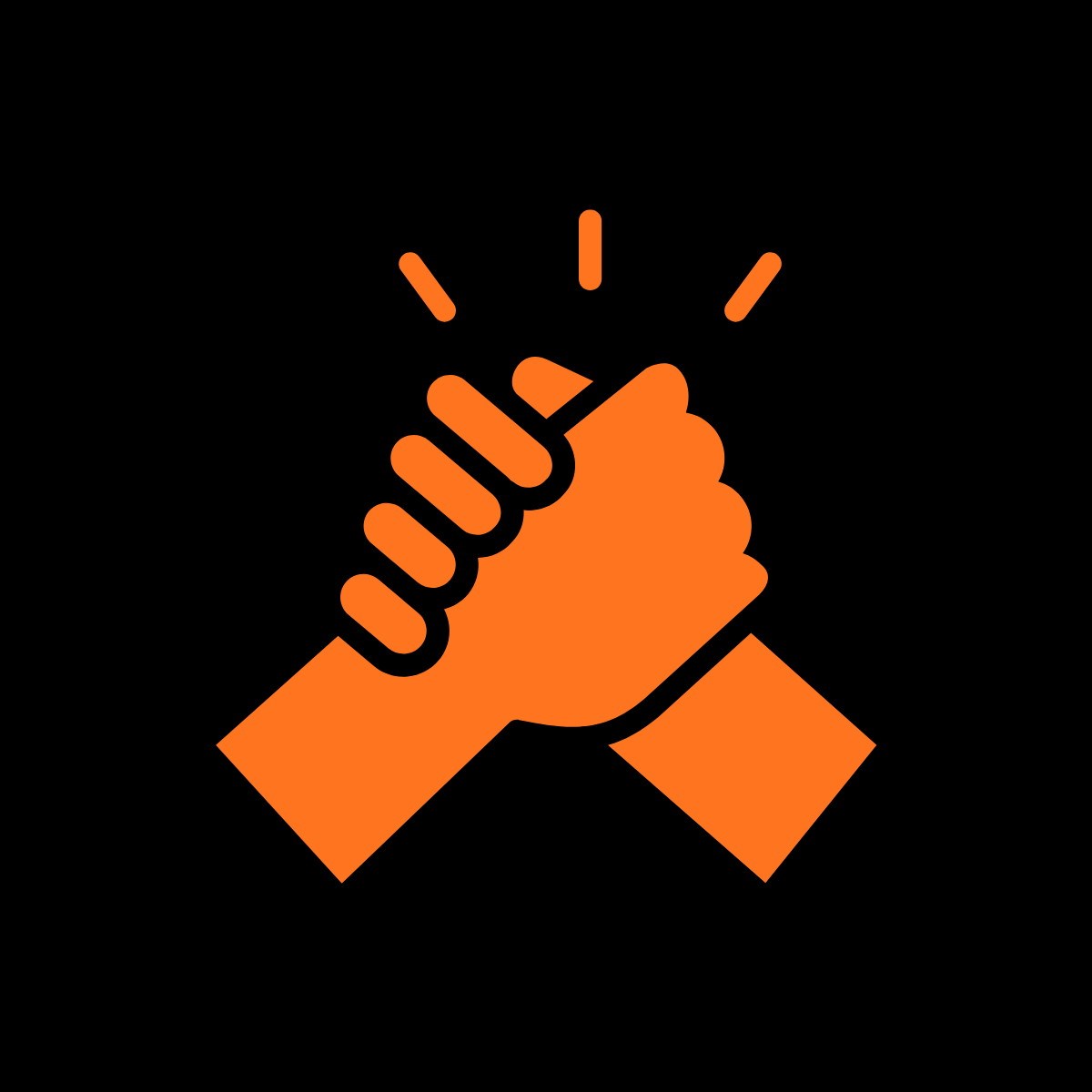 Illustration of two orange hands in a handshake with three lines radiating outward, symbolizing agreement or unity.