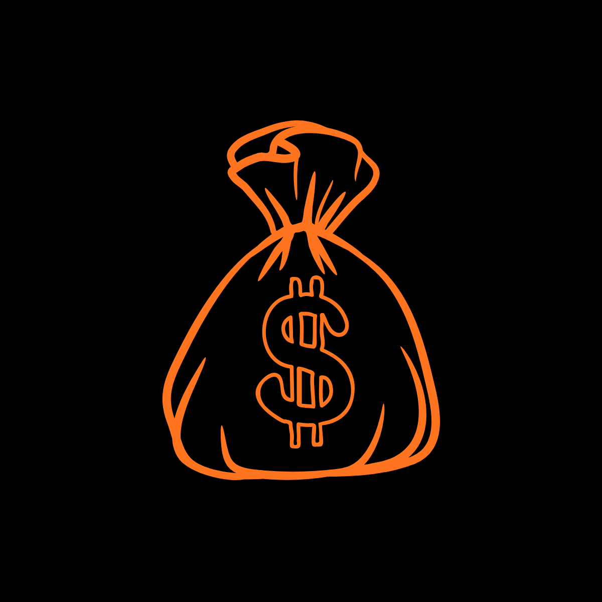 Neon illustration of a money bag with a dollar sign on it, glowing orange on a black background.
