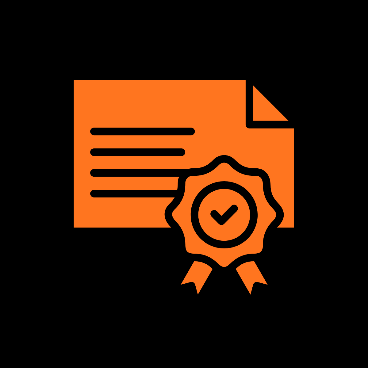 Icon of a certificate with a ribbon and a checkmark.