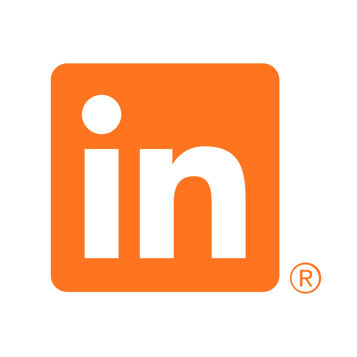 LinkedIn logo with an orange square and black lowercase letters 'in' and a registered trademark symbol.