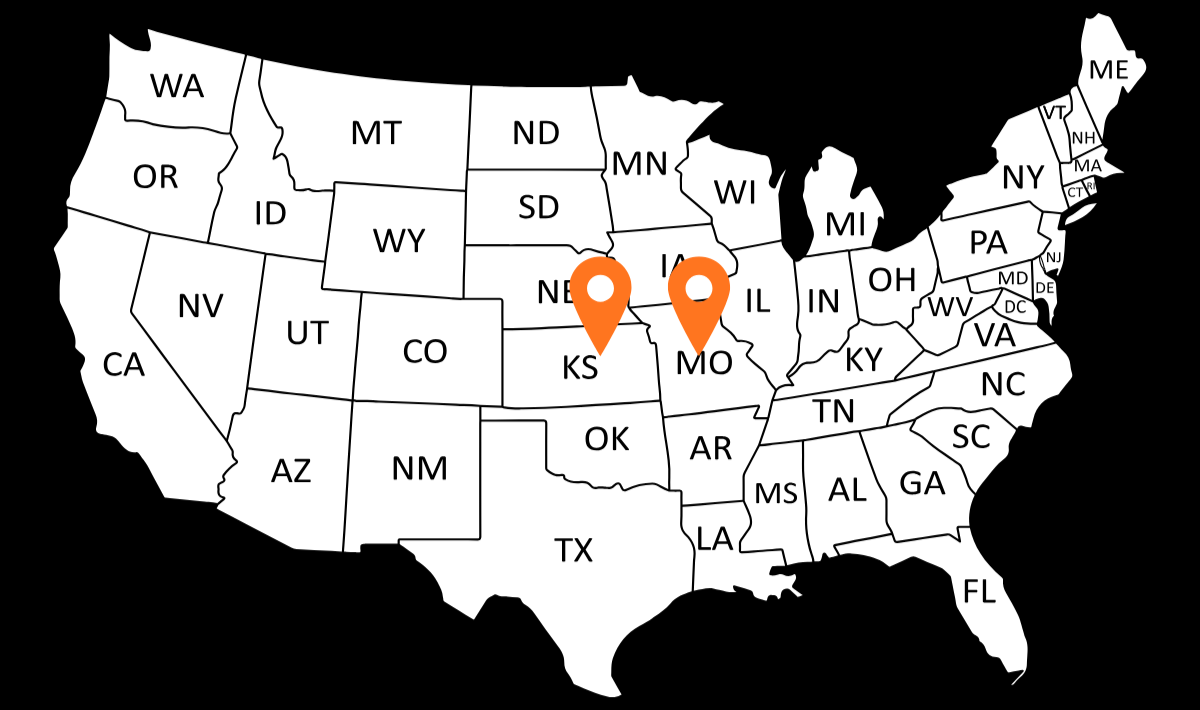 Map of the United States with two orange location pins in Kansas and Missouri.